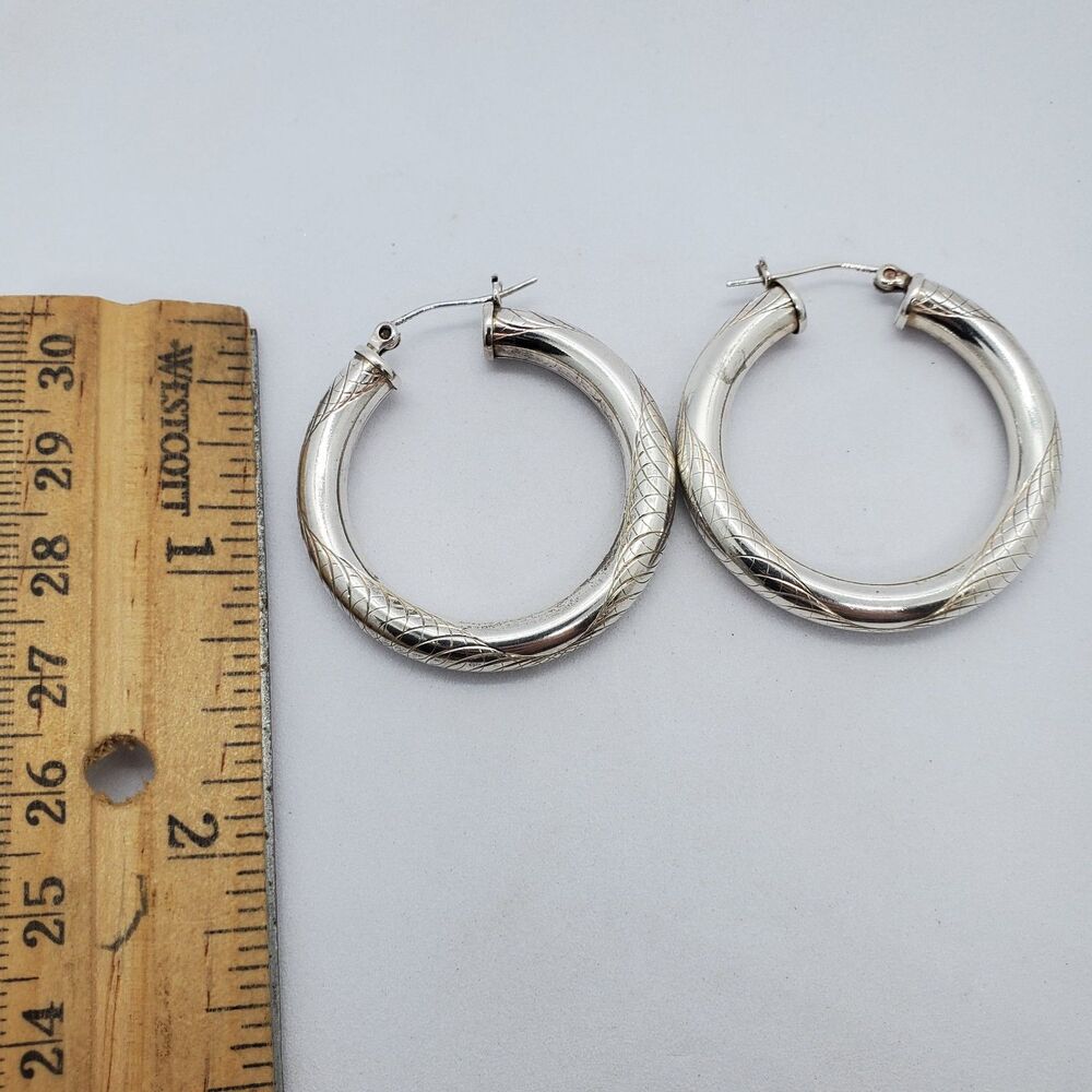Vintage Sterling Silver Hollow Etched Hoop Earrings 925